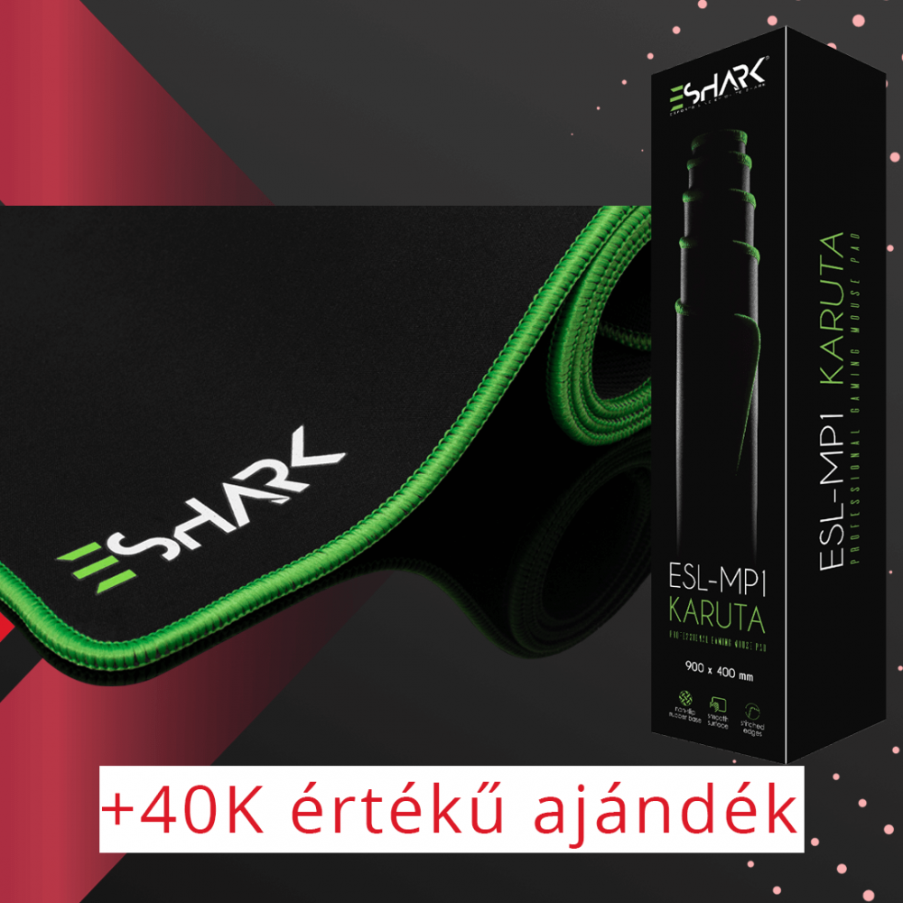 eShark Karuta eSport gamer egérpad 900x400mm, cellurális 3 mm vastag gumitalp, szegett zöld szélek